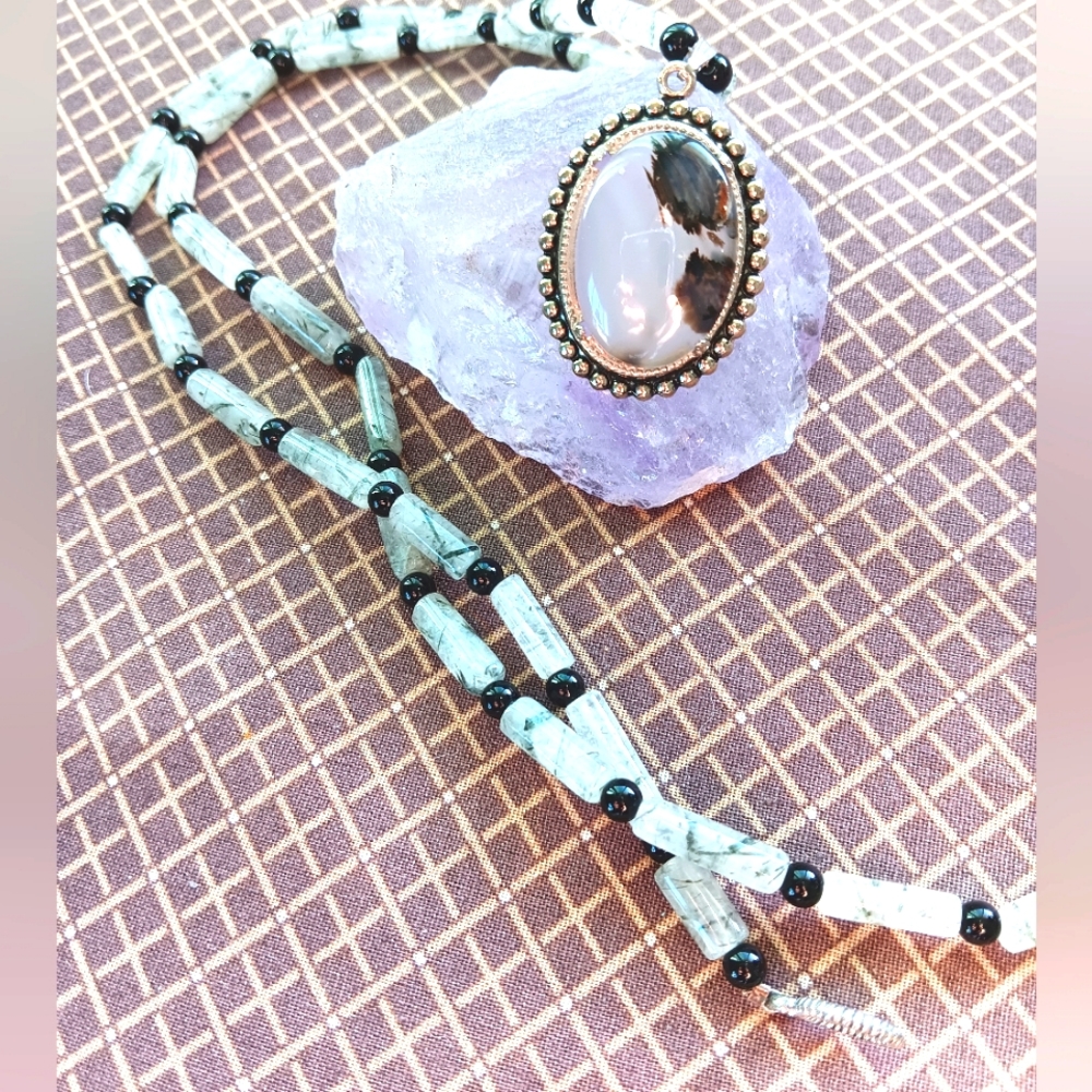Natural, agate & rutilated crystal bead necklace, w/ toggle clasp